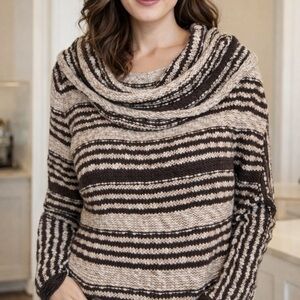 New With Tag Striped Cowl Neck Sweater - Brown and Cream